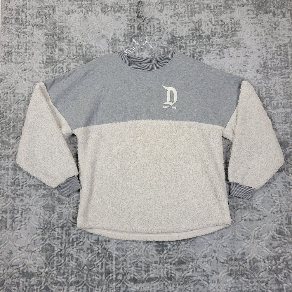 Disney Spirit Jersey Womens Medium White Sherpa Fleece Spell Out Pullover Crew